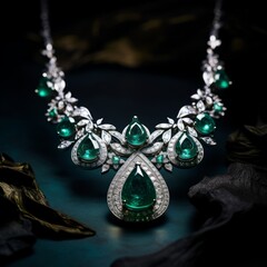 Necklace with big emeralds and small diamonds. Beautiful high jewelry emerald necklace with green precious stones and diamonds. Expensive luxury elegant large necklace with a beautiful pattern.