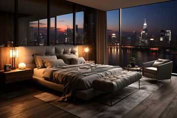 Bedroom interior in with beautiful night city view.