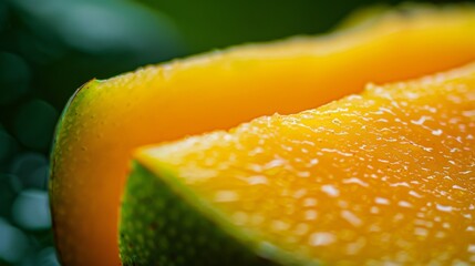 A macro shot of a mango slice, highlighting the detailed texture and vibrant colors against a blurred background.
