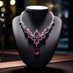 Necklace with big rubies and small diamonds. Big beautiful high jewelry necklace with red precious stones and pure transparent diamonds. Expensive luxury elegant large necklace on a black mannequin.