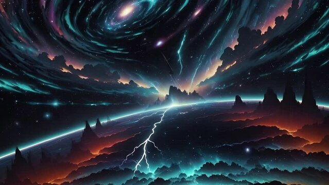 Futuristic cosmic animation with deep space, galaxy, bright universe. Bright cosmic animation with illustrations transformations, music visualization concept. AI generated video