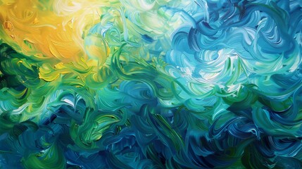 Fototapeta na wymiar A vibrant abstract oil paint background with swirling patterns of blues, greens, and yellows, reminiscent of a lively ocean scene.