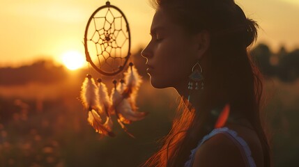 dreamcatcher dusk: a dark-haired woman in profile, adorned with dreamcatcher earrings against a backdrop of a summer sunset - obrazy, fototapety, plakaty