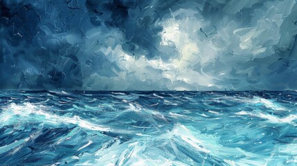 Abstract illustration of a stormy sea under a tumultuous sky, in bold oil painting strokes.