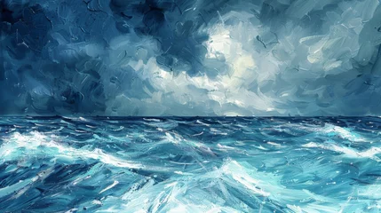 Fotobehang Abstract illustration of a stormy sea under a tumultuous sky, in bold oil painting strokes. © furyon
