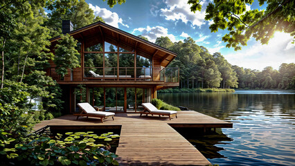 Modern Wooden Lake House with serene lake view and Panoramic Nature with lush greenery