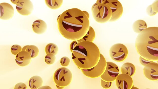 4K Flying yellow emoticons between rays of light on a light background. 3D animated laughing emoji
