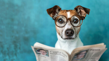 Funny dog with glasses holding a newspaper and looking surprised at the camera on a blue background. Blank space for text. Generated AI - obrazy, fototapety, plakaty