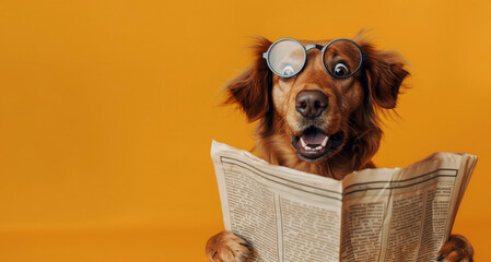 Funny dog with glasses opened his mouth in surprise reading a newspaper on a yellow background. Empty space for text. Generated AI