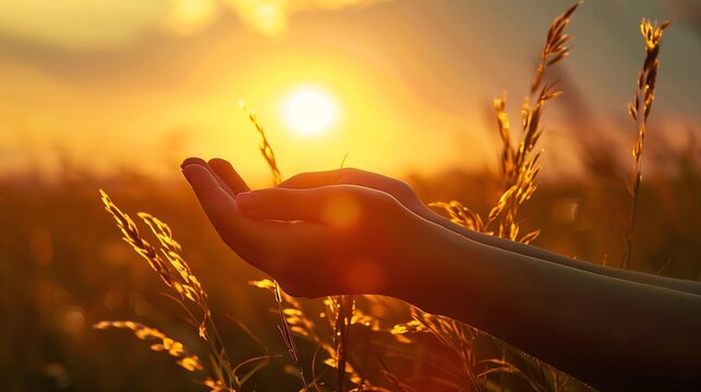 sunset grasp: young hands open to catch the evening sun, creating a magical illusion in a summer cornfield