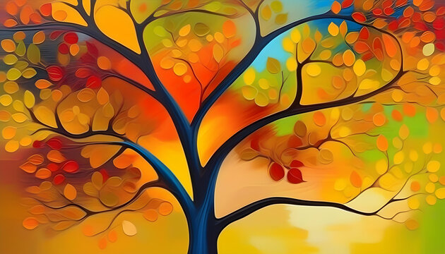 An oil painting of a colorful autumn tree in an abstract style