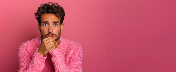 A man in a pink sweater is looking at the camera with a puzzled expression. The pink background adds a pop of color. Nervous Latin man and biting nails in studio with oops reaction on pink background.