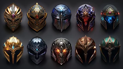 Poster Set of medieval helmets of different shapes and colors. Icons for game © nataliia_ptashka