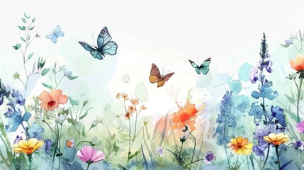 Obraz na płótnie Canvas Butterflies fluttering around a garden of watercolor flowers, symbolizing transformation and the joy of life.