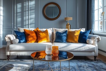 An interior design studio with a white couch and round coffee table