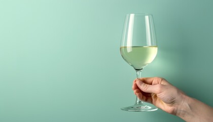 Side view of a hand holding white wine glass on light pastel background with copy space