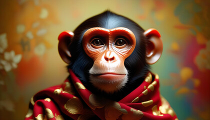 A photorealistic image of a monkey wearing a couture outfit, with a red firefly on its arm