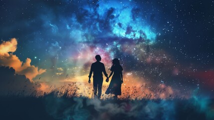 Couple holding hands with smoke background and starry night. - obrazy, fototapety, plakaty