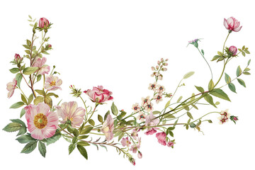 Beautiful wild flowers frame isolated on transparent background, PNG. Vintage Watercolor flowers for wedding invitation and for postcard design