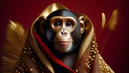 Zelfklevend Fotobehang A monkey wearing a high fashion outfit with a red firefly on its arm © Iqra