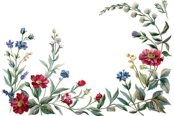 Beautiful wild flowers frame isolated on transparent background. PNG. Vintage Watercolor floral frame with empty space for copy text. Flower border for wedding invitation and for postcard design