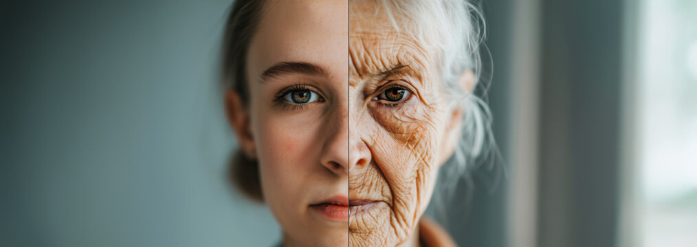 A split portrait of a woman and girl when they were young and old. representing the progress of time, aging, skincare, and the contrast between youth and old age. with copy space