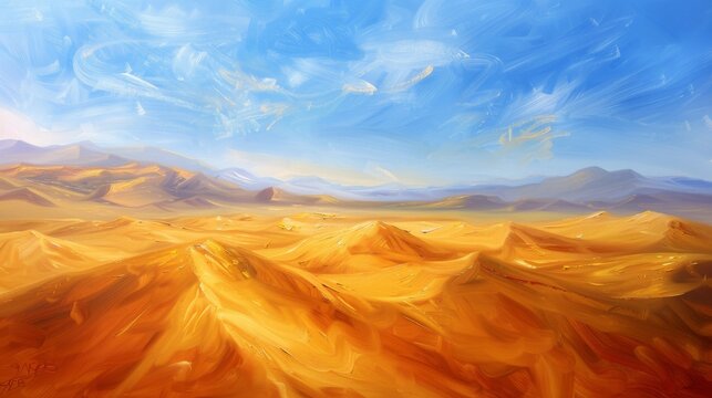 Expansive desert landscape with towering sand dunes under a scorching sun, painted in oil.