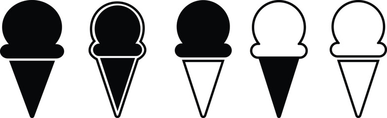 Ice cream cone icon set isolated on transparent background. Modern sweet vanilla desert sign. Trendy black vector chocolate cram symbol collection for web site design, button to mobile app. Logotype. - obrazy, fototapety, plakaty
