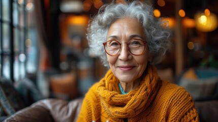Obraz premium Portrait of a graceful elderly woman with silver hair and glasses, radiating confidence and contentment.