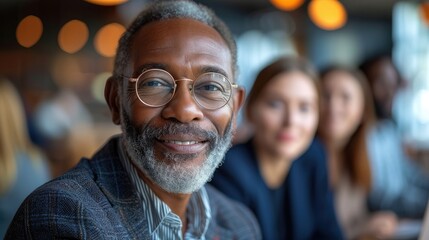 Close-up of a smiling elderly African American man wearing glasses and a stylish outfit in a blurred social setting. - obrazy, fototapety, plakaty