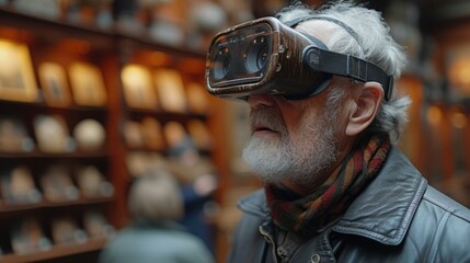Senior male explores virtual reality, engaging with technology in an intriguing indoor environment.