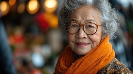 Radiating warmth and grace, a senior woman with silver hair and glasses offers a gentle smile beside vibrant autumn flowers, epitomizing the beauty and serenity of the season.