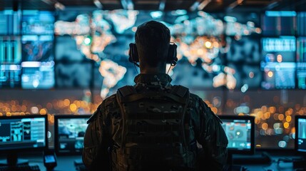 Fototapeta premium Military Working on a City Tracking Operation in a Central Office Hub for Cyber Control