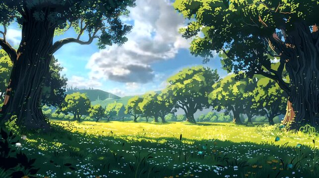 Serene meadow with ancient oak trees. Fantasy landscape anime or cartoon style, looping 4k video animation background