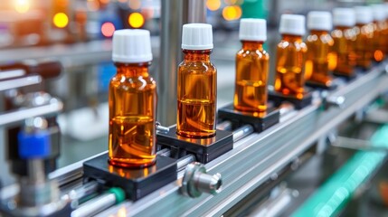 Automated conveyor system in pharmaceutical plant with glass bottles on production line