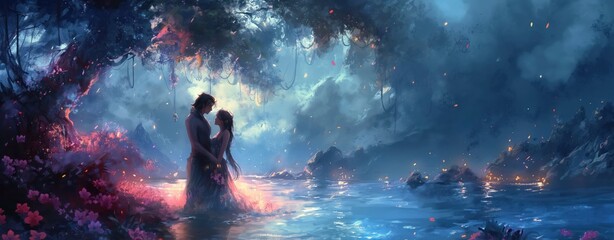 Enchanted Evening. A Mystical Journey Through a Magical Forest Illuminated by the Soft Glow of Fireflies