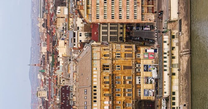Budapest, Havas street, Hungary: February 21, 2024: Aerial cityscape view. Time-lapse. Vertical orientation.