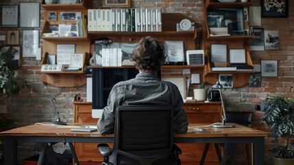 successful person working in own workplace, worker is working at a computer desk