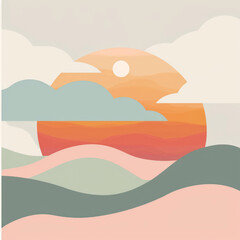 Fototapeta na wymiar A minimalist flat illustration of the sun setting behind clouds over mountains, in muted pastel colors with soft gradients and simple shapes
