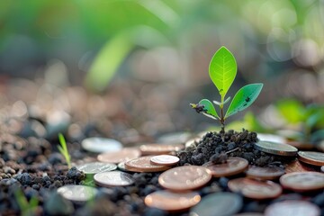 Conceptual image of a money plant growing on coins Symbolizing financial growth and investment savings over time - obrazy, fototapety, plakaty
