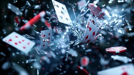 A dynamic explosion of poker cards bursting into the frame, their motion captured with crystal clarity, evoking the rush of adrenaline and excitement synonymous with high-stakes gambling.