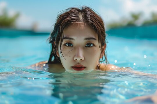 Focused Asian woman swimming indoor pool closeup photo. Female swimmer with face above the water. Generate ai