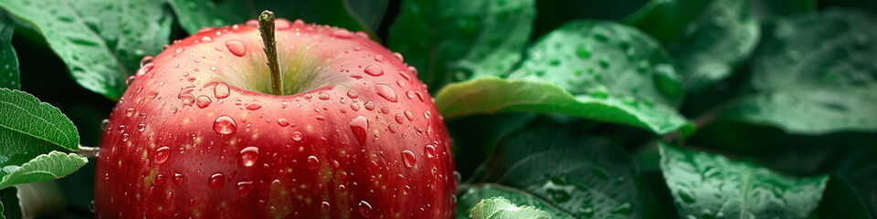 Fresh red apple with green leaves and water drops. Close up view, panorama banner