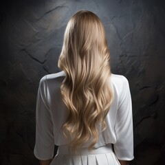 Woman with long beautiful blonde hair indoors form behind. Turned away girl with healthy bright white hair on a dark background. Composition of perfect wavy blonde hairstyle closeup.