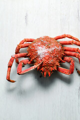 Close-up of frozen crab seen from above