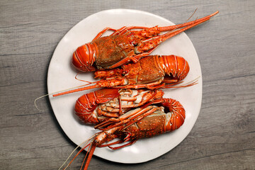 Lobsters on plate seen from above