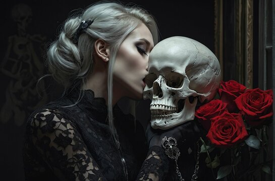 Beautiful girl in a black gothic style dress with red lipstick on her lips kissing a skull with red roses on a dark background