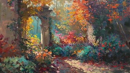Lush oil painting of a secret garden in autumn, hidden behind ivy-covered walls with an explosion of colorful trees and flowers.