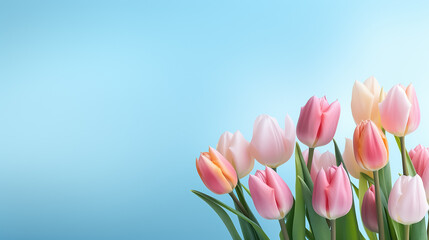 Spring bouquet of pink tulips on an isolated blue background with copyspace, pastel colors.