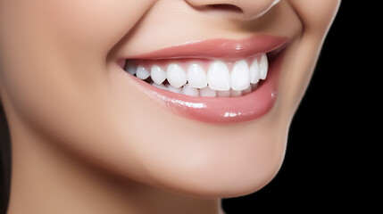 Beautiful healthy white smile on a dark black background, close-up photo of a young woman's face. Image for a dental clinic with copyspace.